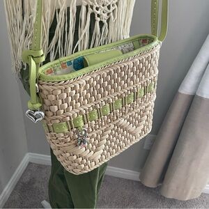 Vintage BRIGHTON Green & Tan Woven Straw Crossbody Purse